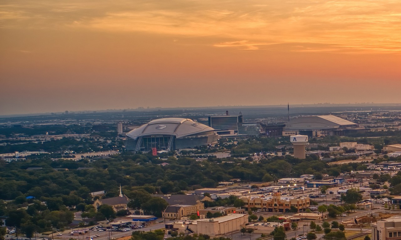 Aerial View of Arlington, Texas during a Summer Sunrise