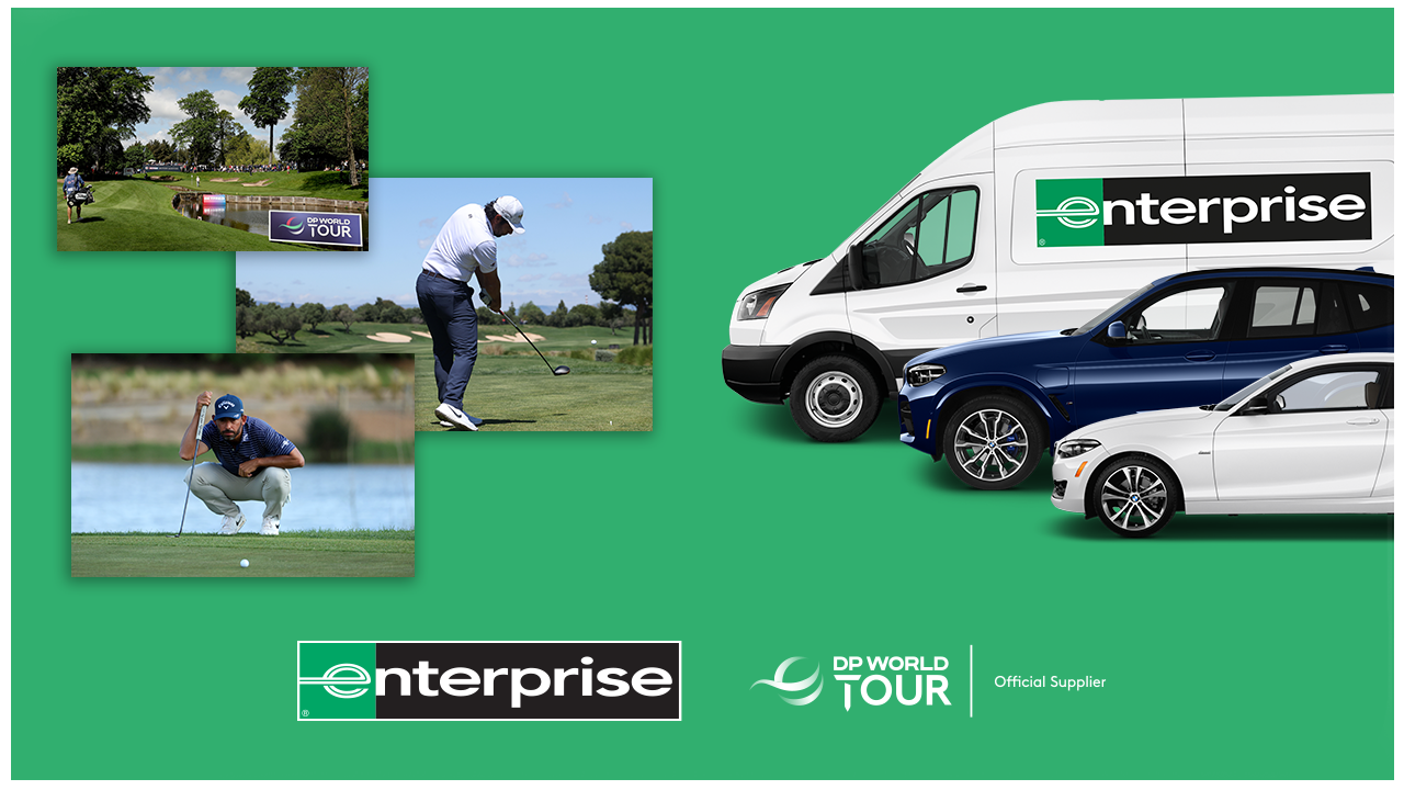 A collage with a man teeing off, golf fans cheering, and three separate BMW car models at the DP World Tour.
