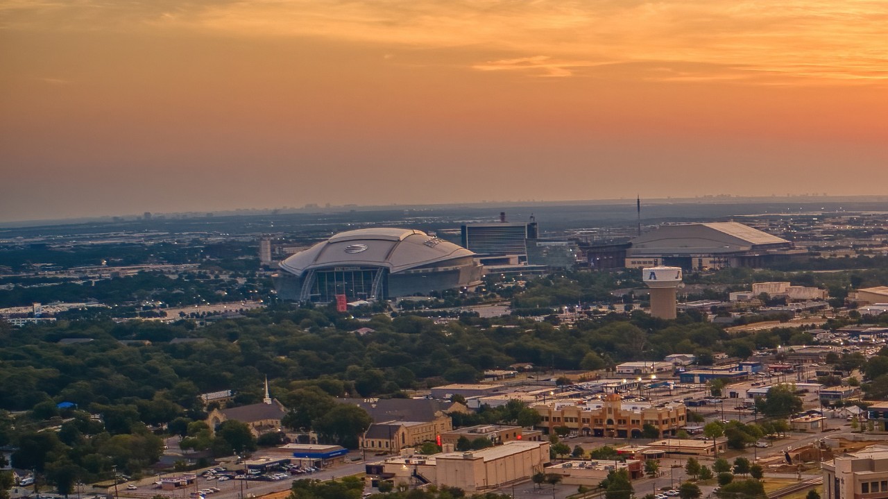 Aerial View of Arlington, Texas during a Summer Sunrise