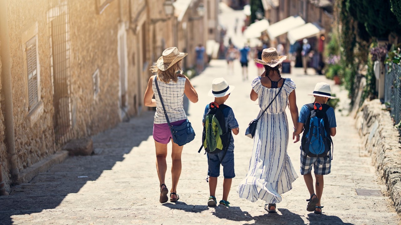 Tourist family walking on famous stairs in beautiful city of Pollensa, Majorca, Spain.
Nikon D850
